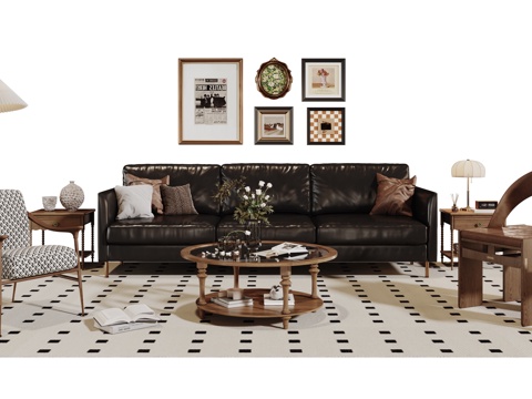  法式复古沙发组合 单人沙发 休闲椅 茶几 落地灯 装饰画 摆3d模型 