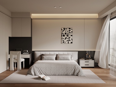 现代卧室 双人床 衣柜 书桌椅su模型