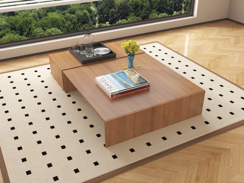  原木风茶几 茶具 书籍 摆件3d模型 