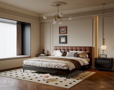  法式中古风卧室 实木双人床 床头柜 吊灯 挂画 地毯3d模型 