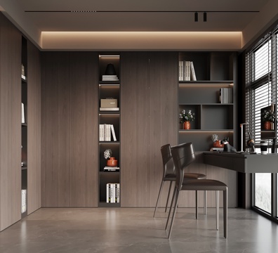 意式书房 L型书柜 书桌椅su模型