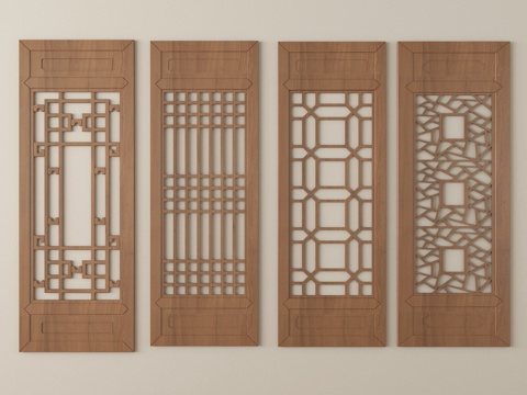 新中式镂空窗 镂花窗 花格 镂空花格窗su模型