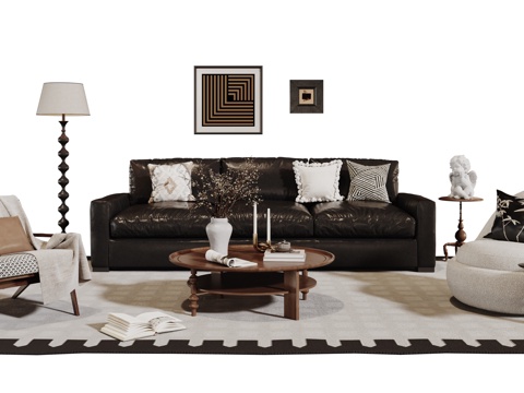  法式复古沙发组合 单人沙发 休闲椅 茶几 落地灯 装饰画 摆3d模型 