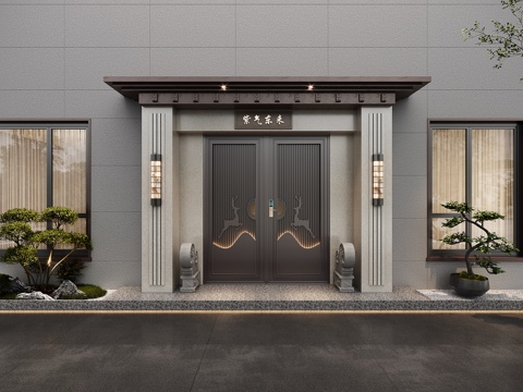  新中式别墅外观3d模型 