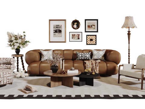  法式复古沙发组合 单人沙发 休闲椅 茶几 落地灯 装饰画 摆3d模型 