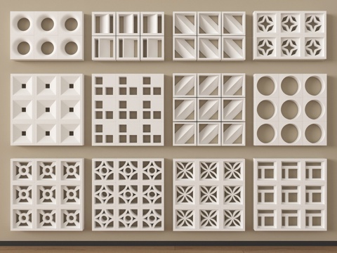 现代水泥砖隔断 镂空水泥砖隔断 空心砖 镂空砖su模型