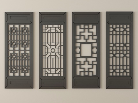 新中式仿古窗 花窗 雕花窗户 花格木窗su模型