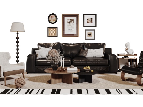  法式复古沙发组合 单人沙发 休闲椅 茶几 落地灯 装饰画 摆3d模型 