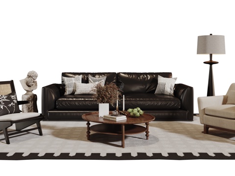  法式复古沙发组合 单人沙发 休闲椅 茶几 落地灯 装饰画 摆3d模型 