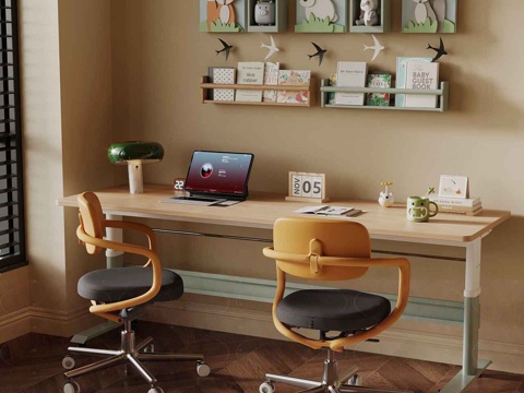  现代书桌椅 书桌椅组合 写字桌 书架3d模型 