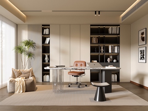 现代书房 书柜 书桌椅 绿植盆栽su模型