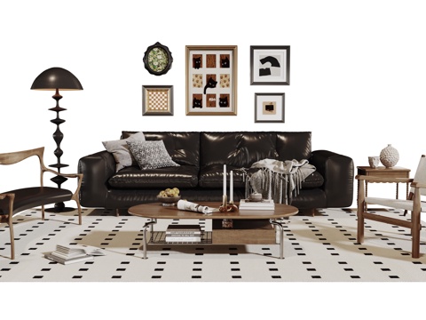  法式复古沙发组合 单人沙发 休闲椅 茶几 落地灯 装饰画 摆3d模型 