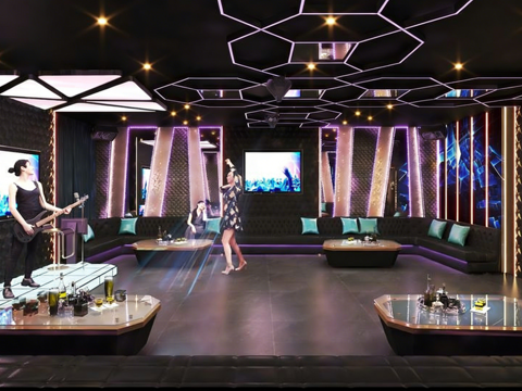  现代科技感KTV包厢 几何造型灯光 发光地面 舞台区 商务3d模型 