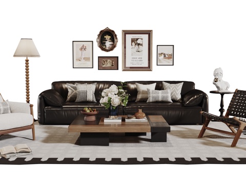  法式复古沙发组合 单人沙发 休闲椅 茶几 落地灯 装饰画 摆3d模型 