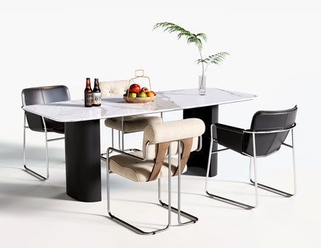 现代餐桌椅 大理石餐桌 皮质餐椅 单椅su模型