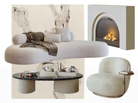  法式奶油沙发组合 豪斯侘寂简约 弧形沙发茶几组合 单人沙发客3d模型 