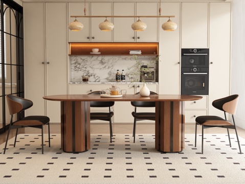  现代中古风餐厅 餐桌椅3d模型 