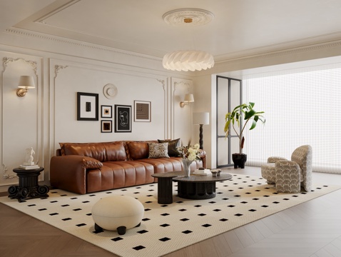  法式中古风客厅 沙发茶几 休闲椅 挂画 吊灯 落地灯 地毯3d模型 