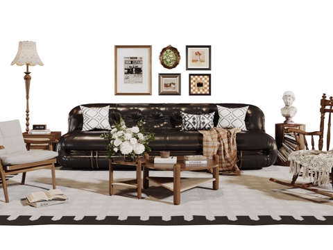  法式复古沙发组合 单人沙发 休闲椅 茶几 落地灯 装饰画 摆3d模型 