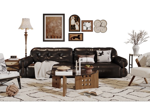  法式复古沙发组合 单人沙发 休闲椅 茶几 落地灯 装饰画 摆3d模型 