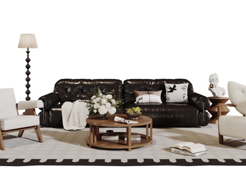  法式复古沙发组合 单人沙发 休闲椅 茶几 落地灯 装饰画 摆3d模型 