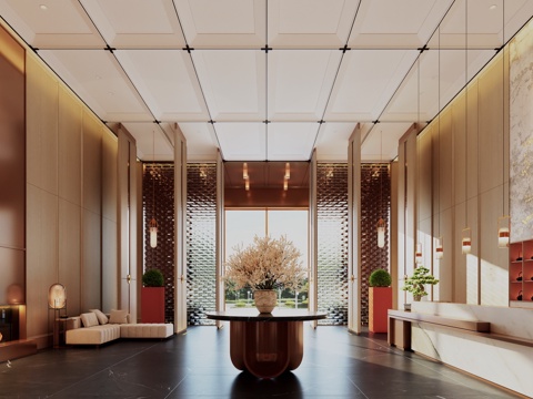  新中式酒店大堂 大花台3d模型 