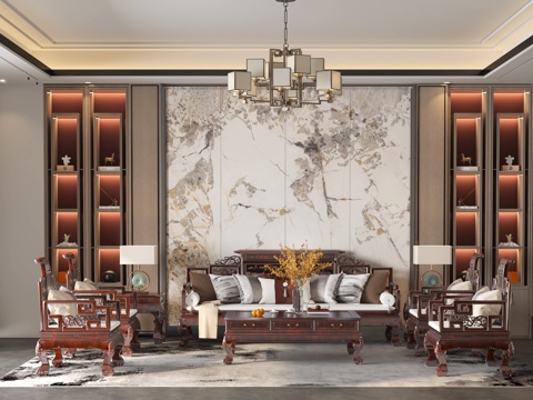 新中式客厅 客厅 实木沙发 中式沙发su模型