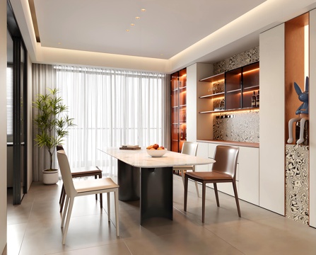  现代餐厅 酒柜 绿植盆栽 餐桌椅3d模型 