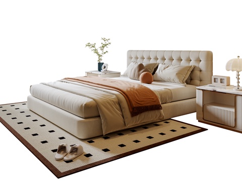  法式双人床 布艺双人床 床头柜 地毯3d模型 