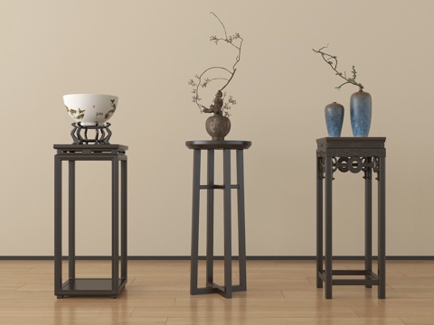  新中式花架 花几 花盆 盆栽3d模型 