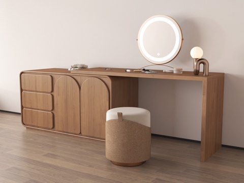  中古风梳妆台 化妆台 化妆镜 化妆凳3d模型 