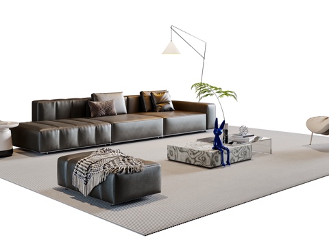  现代意式沙发茶几组合 多人沙发 皮质沙发 休闲椅 地毯3d模型 