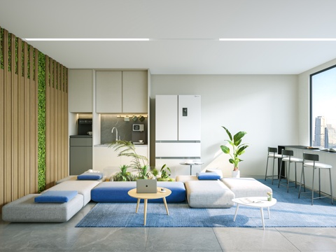  现代办公茶水间 吧台吧椅 水吧 茶水柜 休息区 卡座沙发 模3d模型 