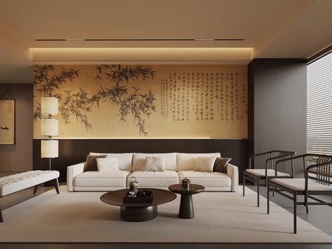  新中式客厅 沙发茶几组合 背景墙3d模型 