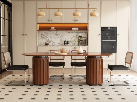  现代中古风餐厅 餐桌椅3d模型 