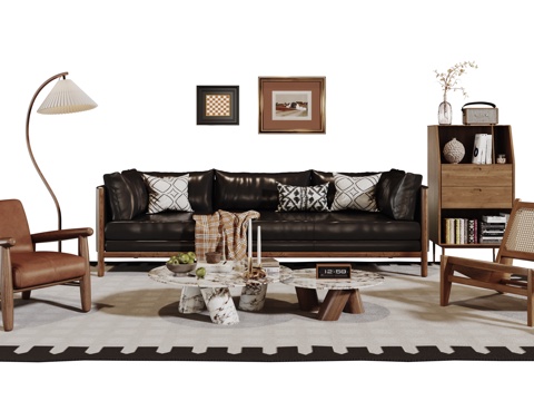  法式复古沙发组合 单人沙发 休闲椅 茶几 落地灯 装饰画 摆3d模型 