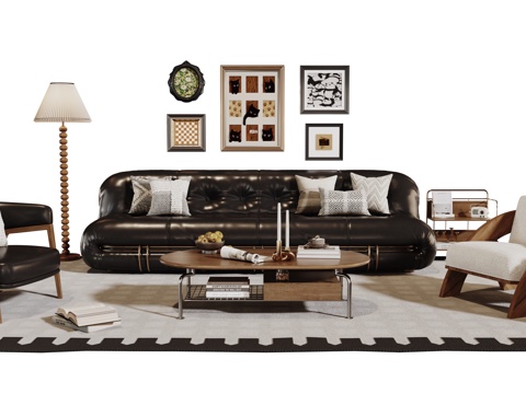  法式复古沙发组合 单人沙发 休闲椅 茶几 落地灯 装饰画 摆3d模型 