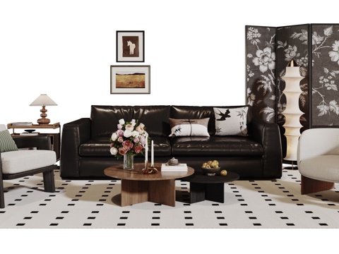  法式复古沙发组合 单人沙发 休闲椅 茶几 落地灯 装饰画 摆3d模型 