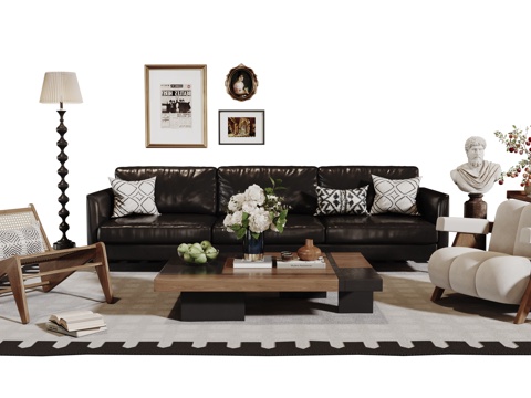  法式复古沙发组合 单人沙发 休闲椅 茶几 落地灯 装饰画 摆3d模型 