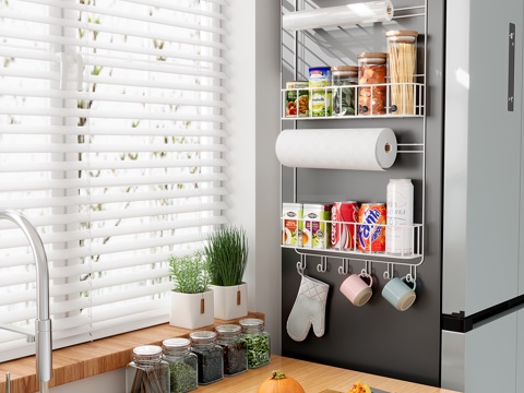  现代厨房用品 冰箱架 保鲜膜架 面包机 电商小场景3d模型 