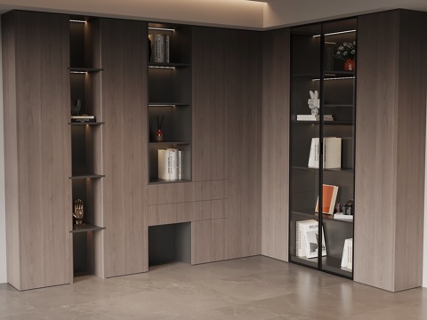  现代意式书柜 L型书柜su模型 