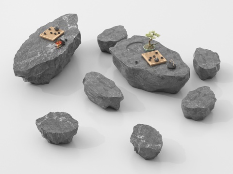  新中式石头户外桌椅 茶桌椅 休闲桌椅3d模型 