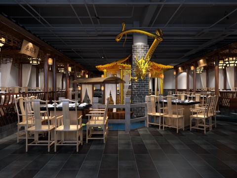  中式火锅店全模 餐饮店3d模型 