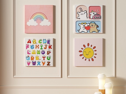  现代，简约，抽象，儿童，奶油风，组合，装饰画3d模型 