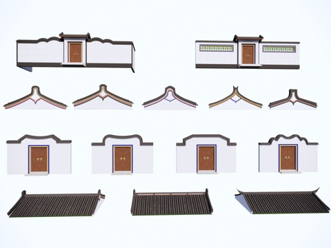  潮汕建筑元素 围墙 大门 屋顶su模型 