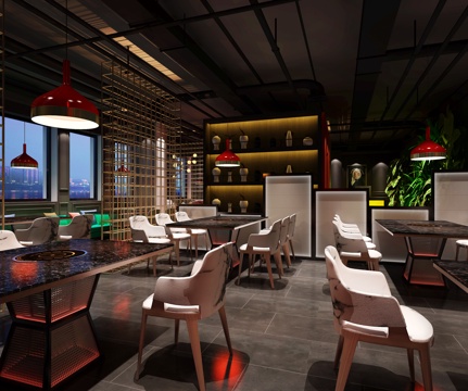  工业风火锅店 吊灯 桌椅3d模型 