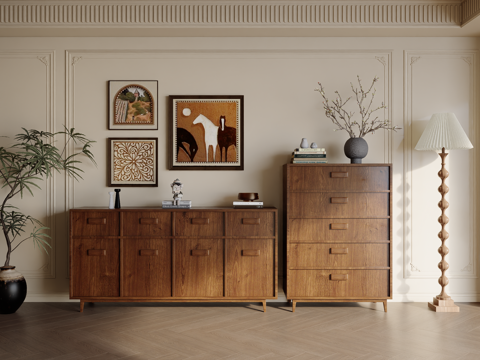  中古，绿植，置物架，书架，装饰画边柜，书柜，落地灯，石膏线3d模型 