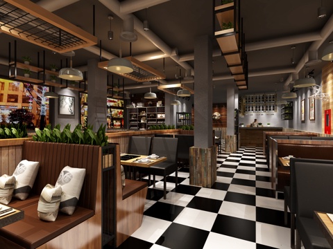  工业风火锅店 沙发 金属酒架 餐桌椅 酒柜 吊灯 物件摆件3d模型 