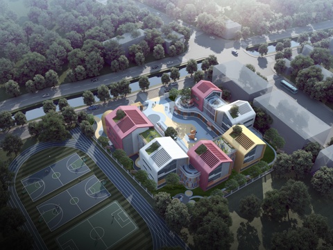  现代 幼儿园 教学楼 鸟瞰规划 鸟瞰3D模型3d模型 