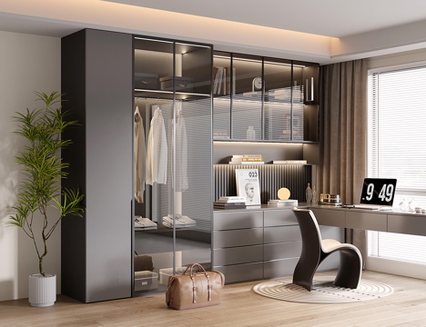 现代书柜书桌一体 衣柜su模型